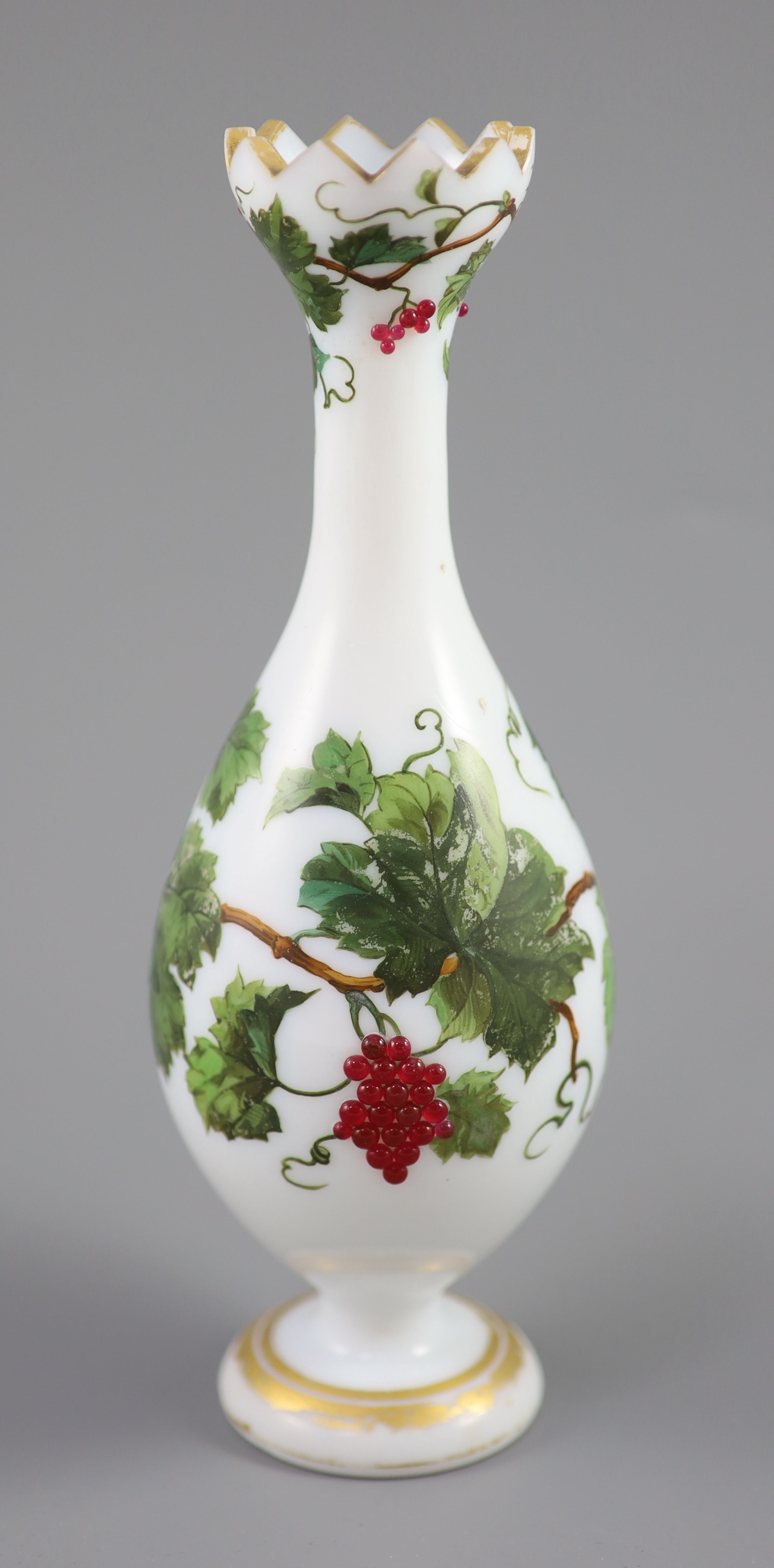 A French opaline glass vase with applied grapes and a pair of Webb style ruby and white glass vases, tallest 26cm